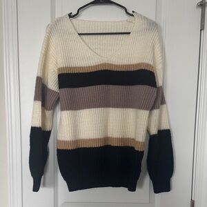 Striped V-Neck Sweater - Cream, Black, Brown